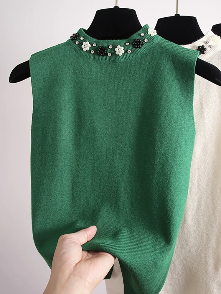 

Slim Fit Knitted Vest Women's Faion Sun Protection Top Svel Design Sense Base irt Vintage Bead Embellied ort Le...