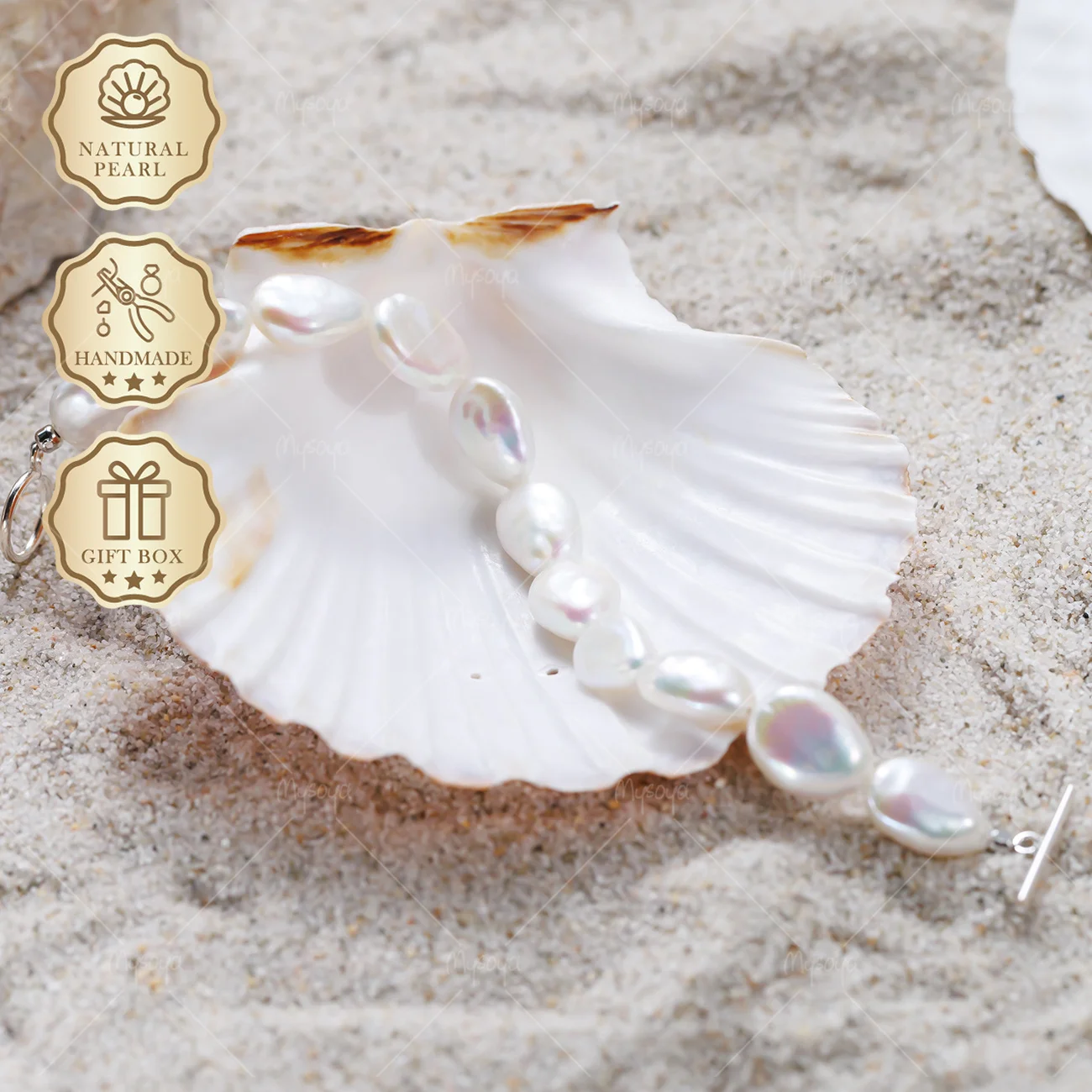 MYSOYA 10-12mm Large Aurora Baroque Freshwater Pearl Bracelet with Simple S925 Silver OT Clasp, Gift Box Included S508