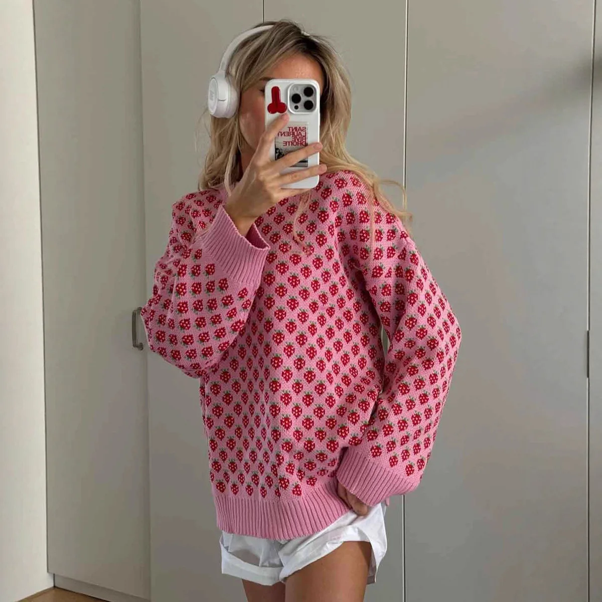 Women's O Neck Pullover Knit Sweater Loose Fit Soft Strawberry Print Oversized Cozy Autumn Winter Casual Pullovers Кофта Женская