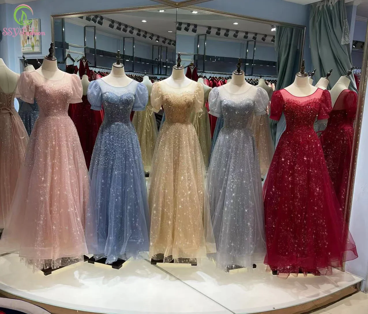 Customized Luxury Evening Dress for Women Scoop A-line Puff Sleeve Sequins Beading Long Formal Party Gowns Vestidos De Noche
