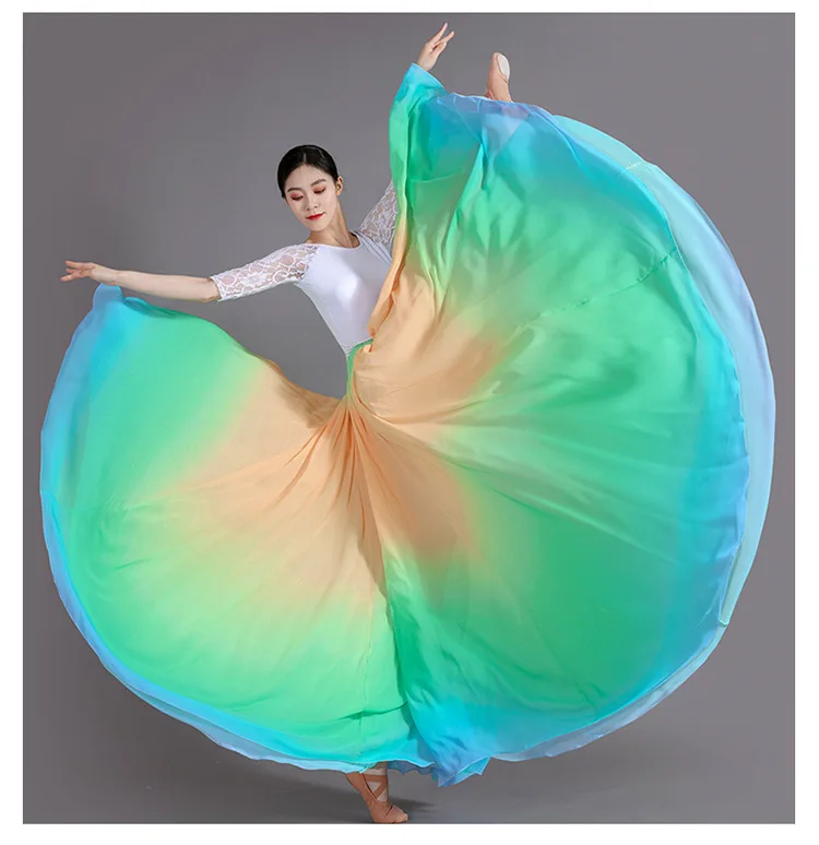 Women's 360-720 Degrees Big-hem Dance Skirts Gradient Color Chiffon Maxi Skirts Elastic-waist Elegant Square Dance A-line Skirts