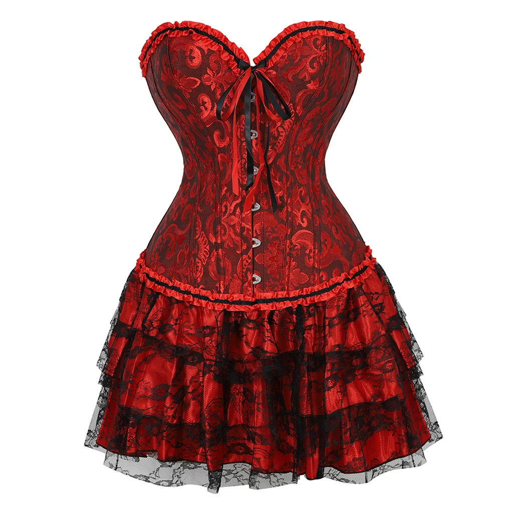 

Gothic Red Lace Up Corset Dress Top for Party 2 Piece Sets Womens Outfit Victorian Lingerie Dress for Date Night Sexy Curvy