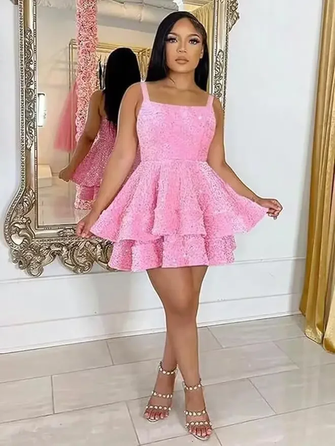 Sukienki na homecoming dla nastolatek z cekinami, krótkie, na sesję zdjęciową, warstwowe sukienki koktajlowe, sukienki koktajlowe, suknie wieczorowe, sukienki na ukończenie szkoły