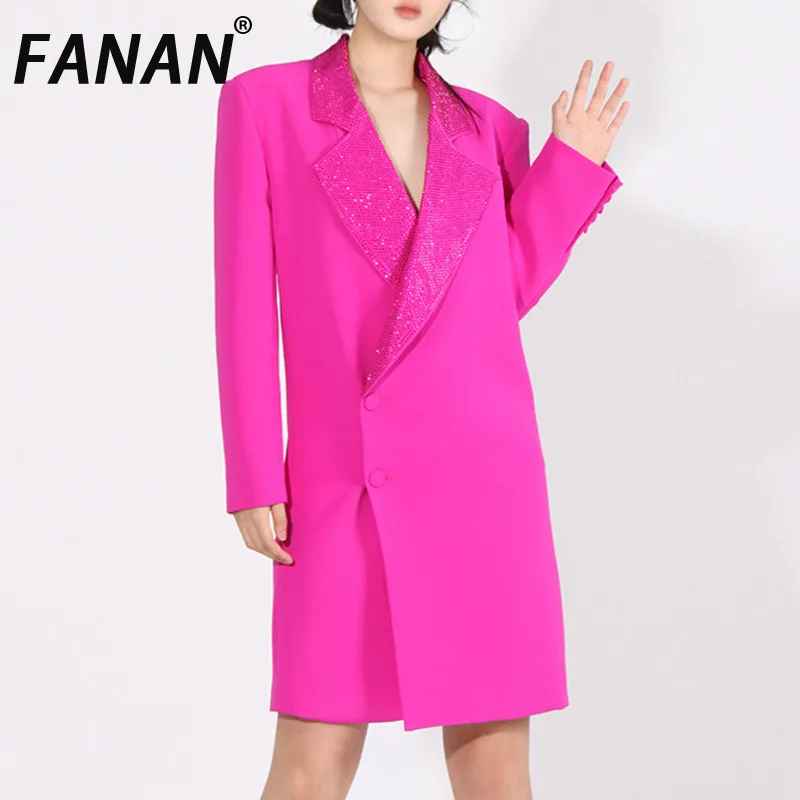 FANAN Elegant Diamond Design Mid-length Blazer Women's Asymmetric Button Gathered Waist Jackets Fashion Coats 2025 Spring New