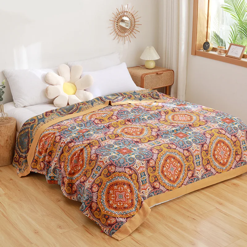 American Flower Cotton Towel Blanket, Double-Sided Jacquard Bedspread for Beds Sofa, Travel, Picnic, 150*200 cm