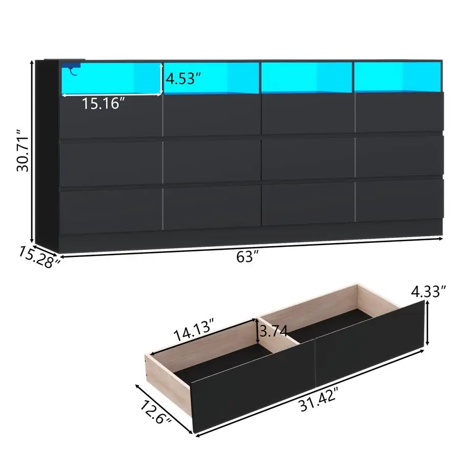 Commode noire à tiroirs divisés à 12 cellules, avec Station de charge, lumières Led pour chambre à coucher, longue commode 63 large, meuble TV pour téléviseurs vers le haut