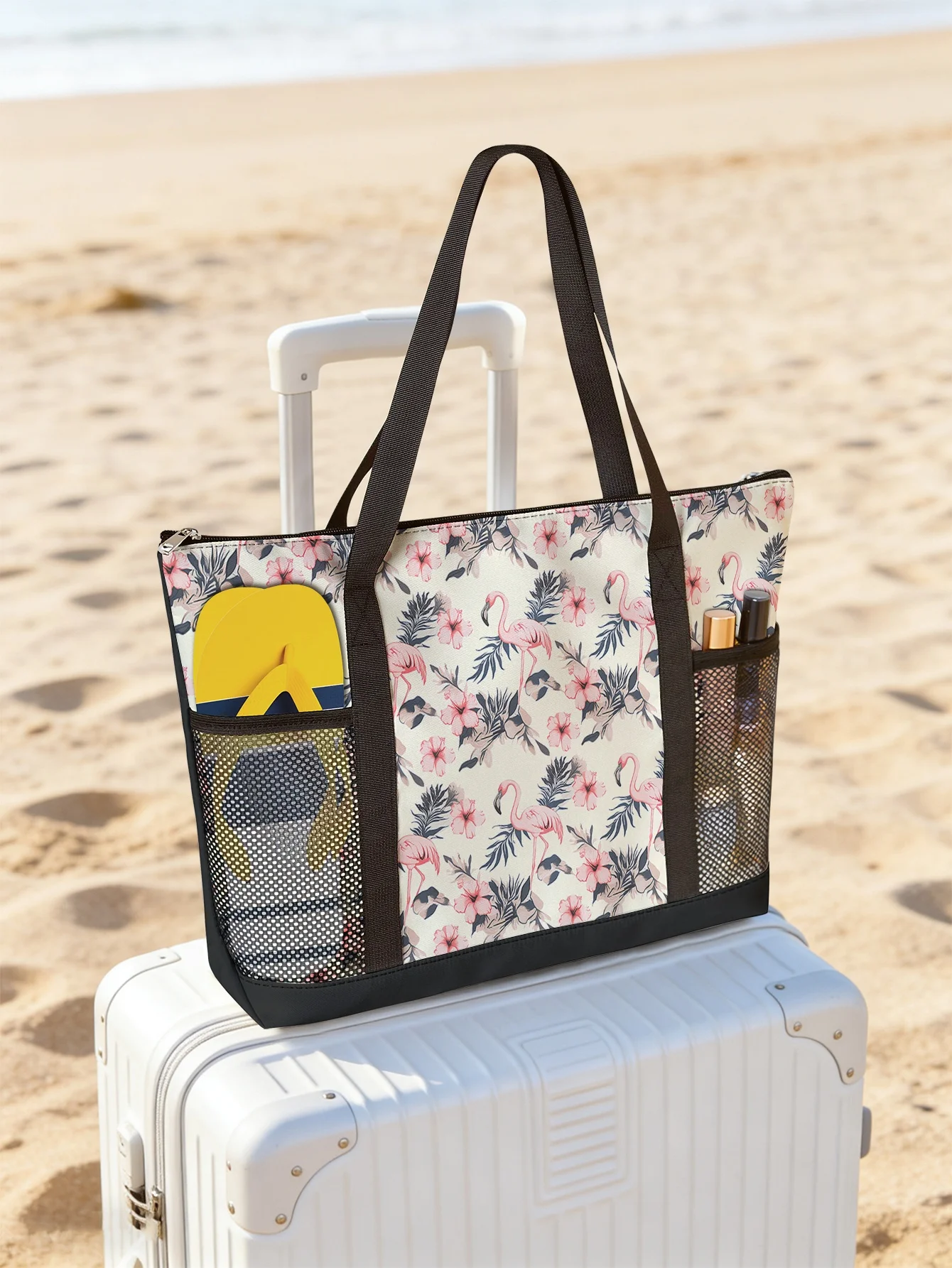 

Сумка с животным принтом, вместительная женская пляжная сумка, водонепроницаемая дорожная сумка через плечо с сетчатыми карманами.