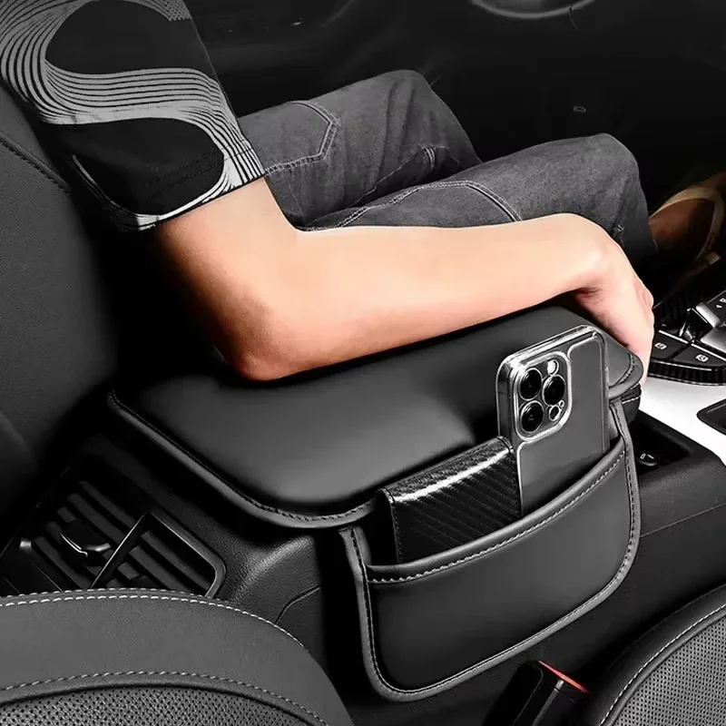 

Armrest Box Cushion Car Center Console Protection Cover Upgraded Armrest Cushion with Side Storage Bag PU Leather Accessories