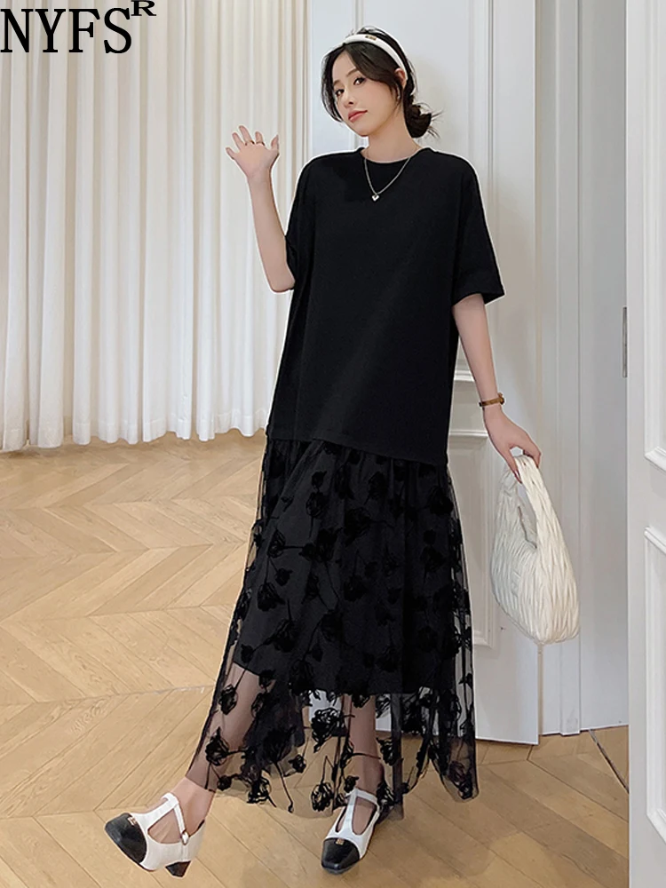 

NYFS 2023 Summer New Korea Woman Dress Vestidos Robe Ete Femme Elbise Loose Plus Size Flocking mesh Long Dresses