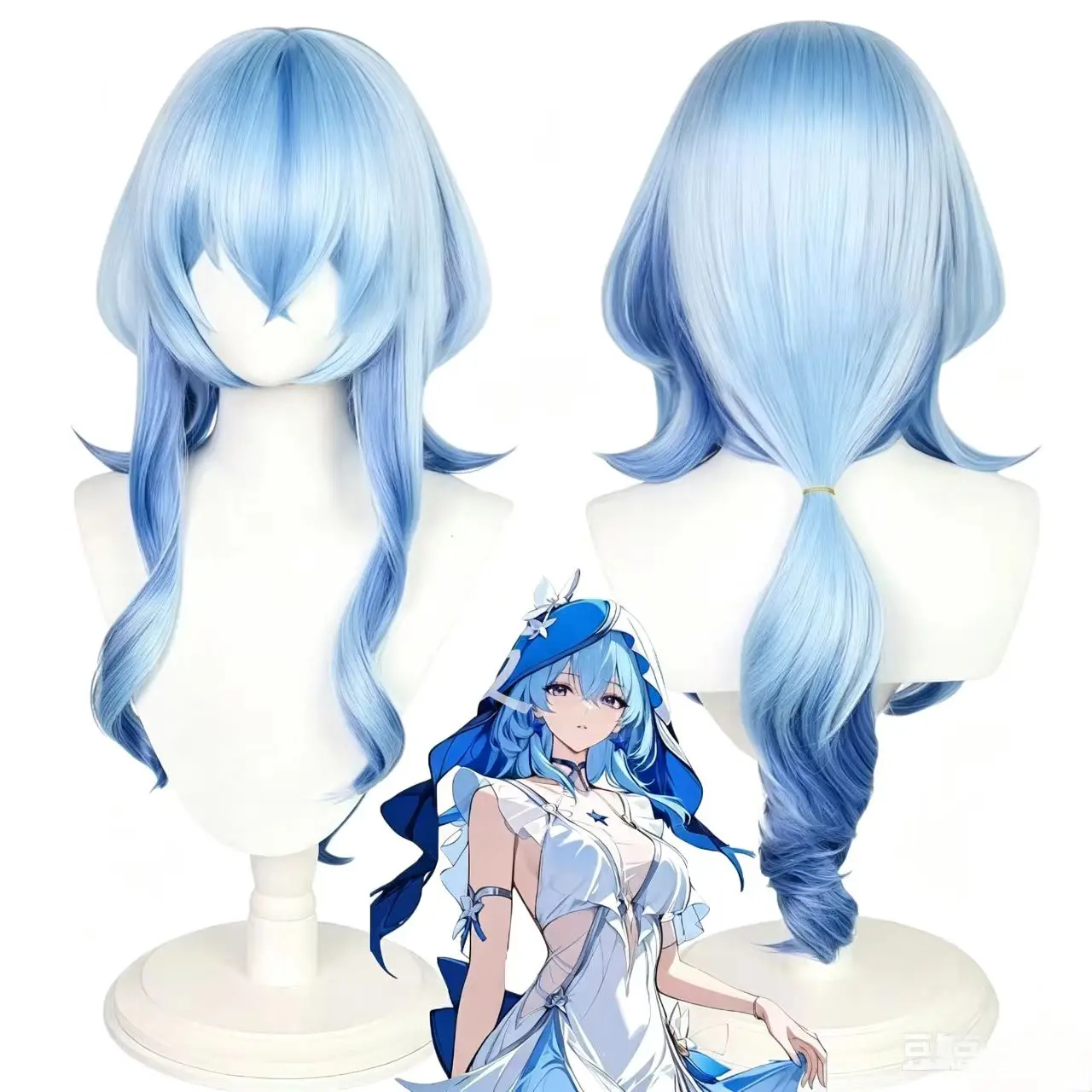 Game Wuthering Waves Shorekeeper Cosplay Wig Light Blue Ombre Long Wavy Ponytail Synthetic Costume Hair Wig For Halloween Party
