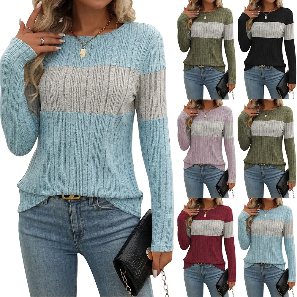 Women's 2024 Winter New Casual Color Blocked Striped T-shirt for Women Vintage Clothes Goth Shirts