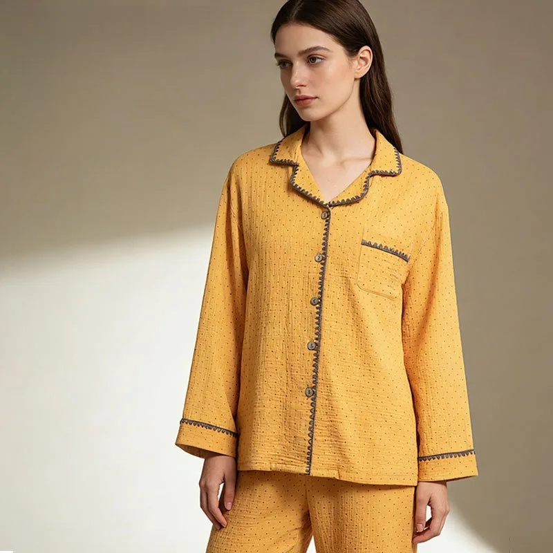 

Комплект женской пижамы из 100% хлопка класса А: ультрамягкий, с волнистым кантом, принтом в виде сердец/точек, свободный крой, с отложным воротником, домашняя одежда на все сезоны