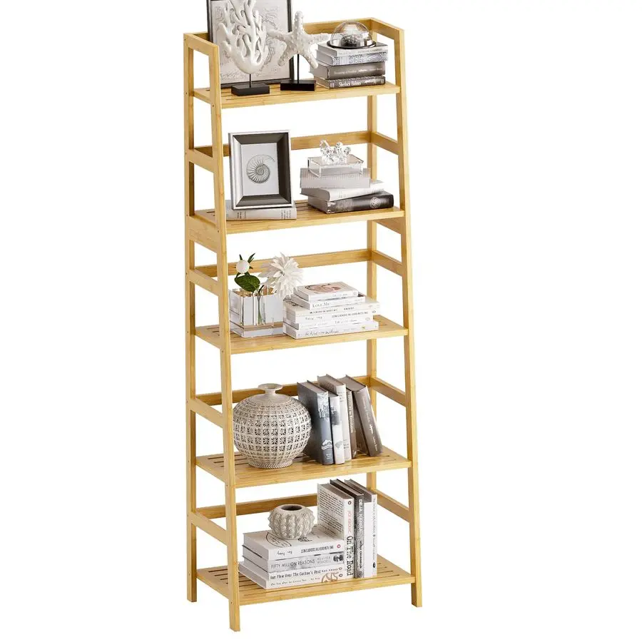 Shelf, 5Tier Bookshelf, All Bamboo Heavy Duty Bookcase, Freestanding Open Wood Storage Rack, Modern Corner Display Plant Stand f