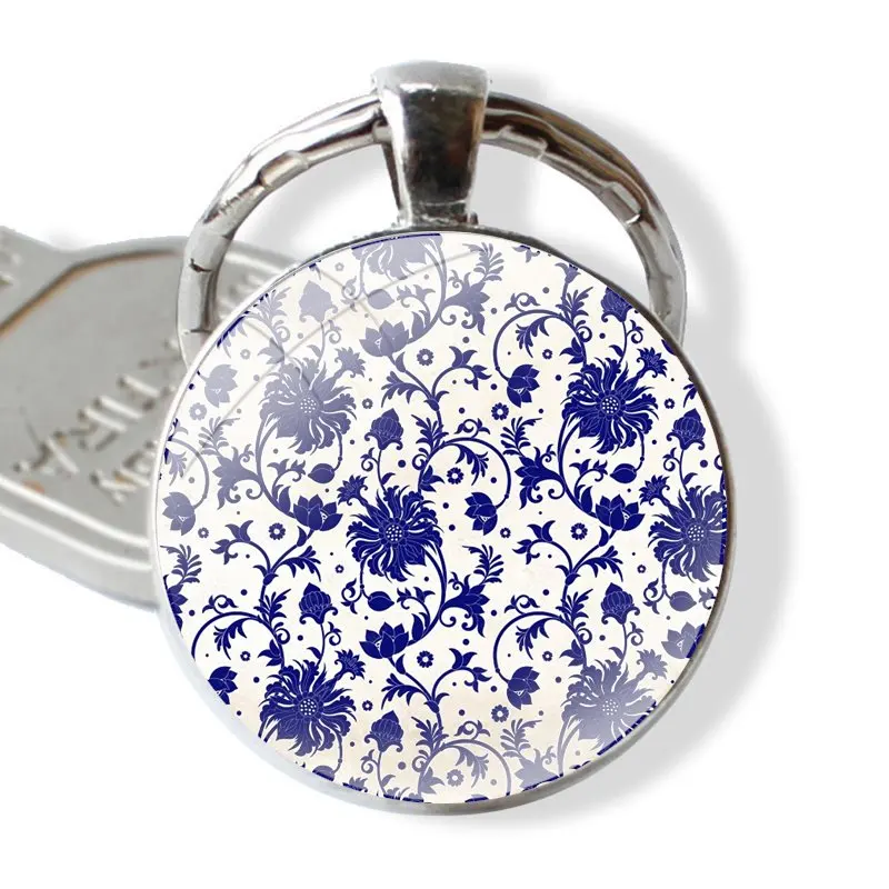 Keychain Handmade Glass Cabochon Key Ring Holder Pendant Key Chains Watercolor blue porcelain flower