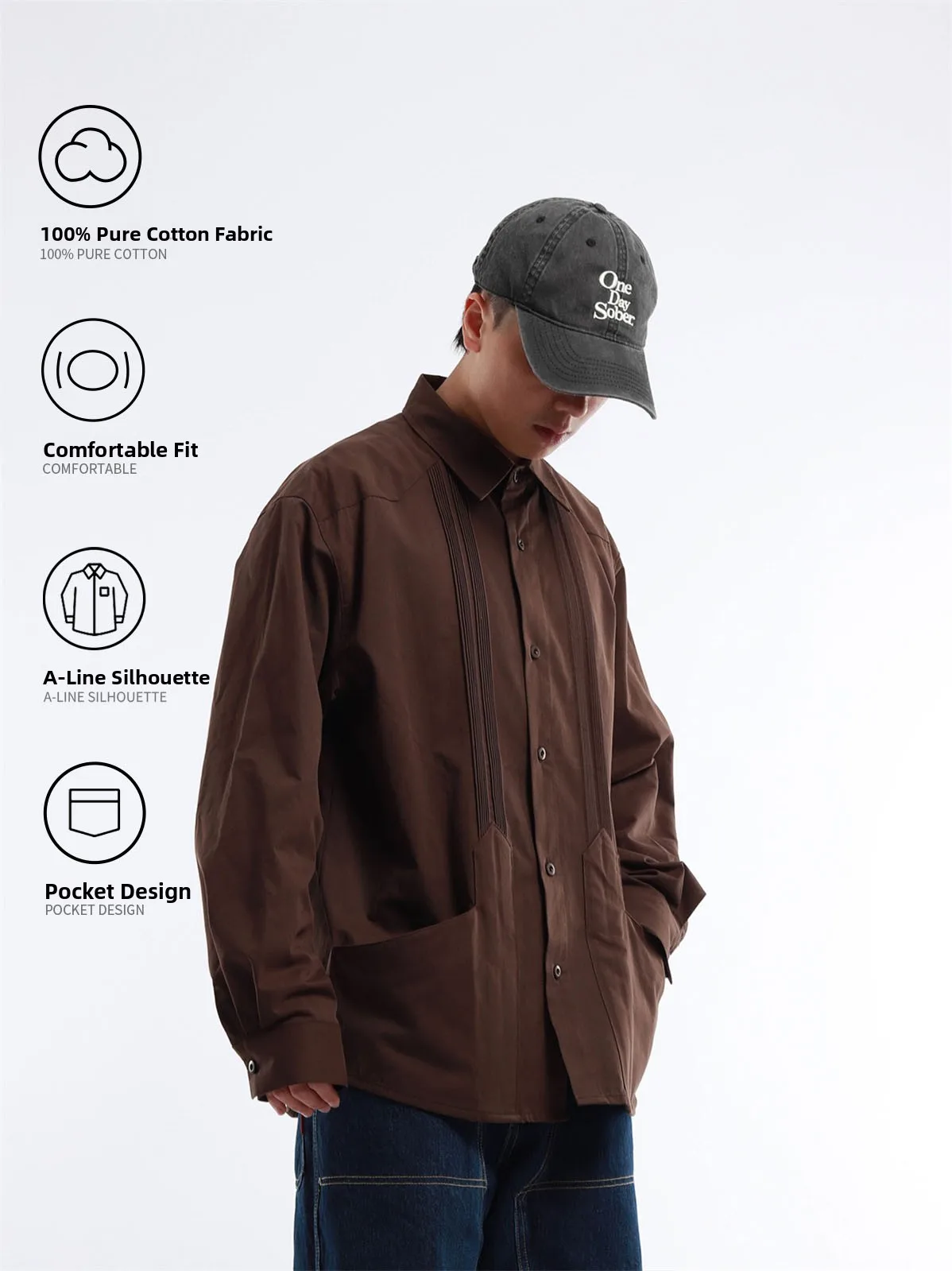 Bsapa Japanese Style Pure Color Pleated Retro Brushed Shirt Loose Fit Collared Coat for Men And Women Coffee Brown Shirt Jacket