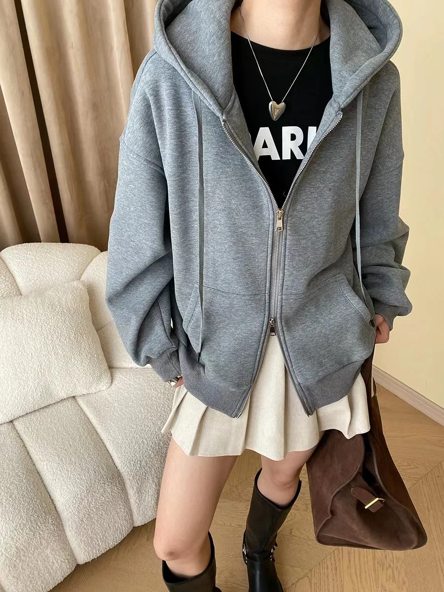 Star Shine Special Fabric Plush Thickened Double Zipper American Loose Hooded Solid Long Sleeve Sweater Coat