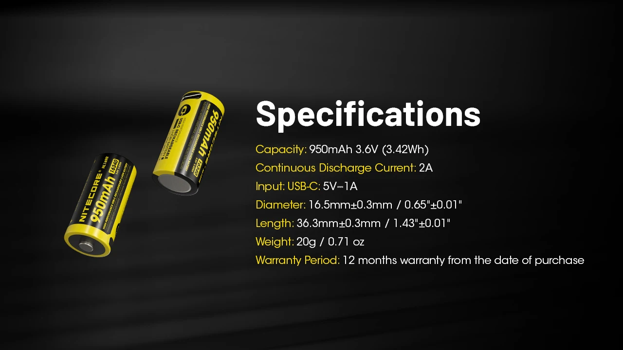 NITECORE NL169R 950mAh 3.6V RCR123A High Performance Battery USB-C Charging 16340 Battery