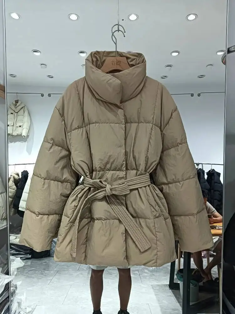 

Autumn Winter Medium Long Down Jacket Women Stand Collar Single Breasted White Duck Down Coat Female Slim Thick Parkas Mujer