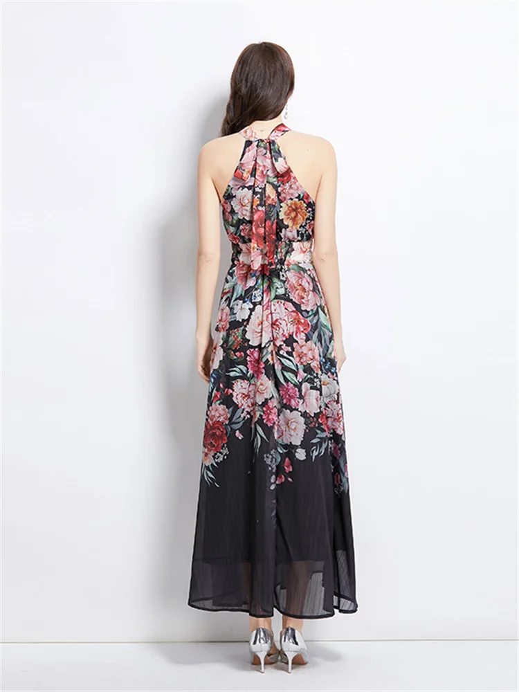 Elegancki kwiatowy nadruk Vintage O-Neck bez rękawów długa, maksi sukienka na co dzień bez rękawów w pasie wakacje plaża odzież damska