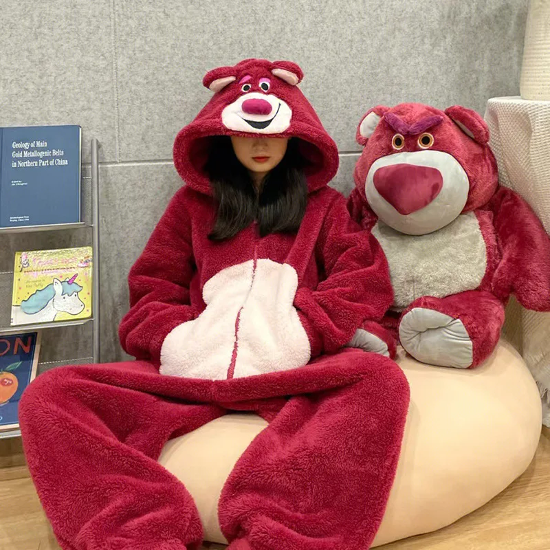 Disney Lotso Plush Thick Cosplay Costume Anime Women Nightgown Winter Warm Clothes Hooded Hoodie Cartoon Cute Girl Onesie Pajama