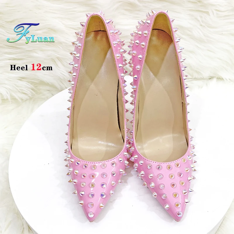 New Pink All Spikes Rivets Women Pumps 8 10 12CM Super Thin Heel High-heeled Heels Party Nightclub Fashion Shoes Plsu Size 46