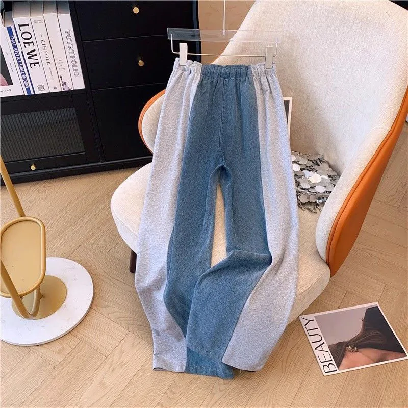 New Fashion Female Trousers Set Spring Autumn Fake Two Pieces Denim Coat Wide Leg Pants Two-Piece Women\'s Casual Sports Sets 4XL