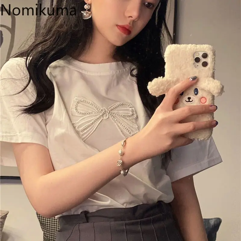 Bow White Tshirts Women Clothing O-neck Short Sleeve Summer Tees Crop Tops 2024 Ropa Mujer Casual Fashion Korean Sweet T Shirts