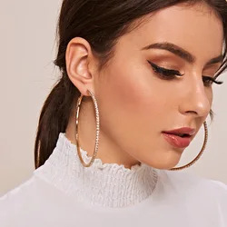 Fashion Rhinestone Big Hoop Earrings for Women Unique Shiny Rose Gold Silve Color Black Circle Earrings Party Wedding Jewelry