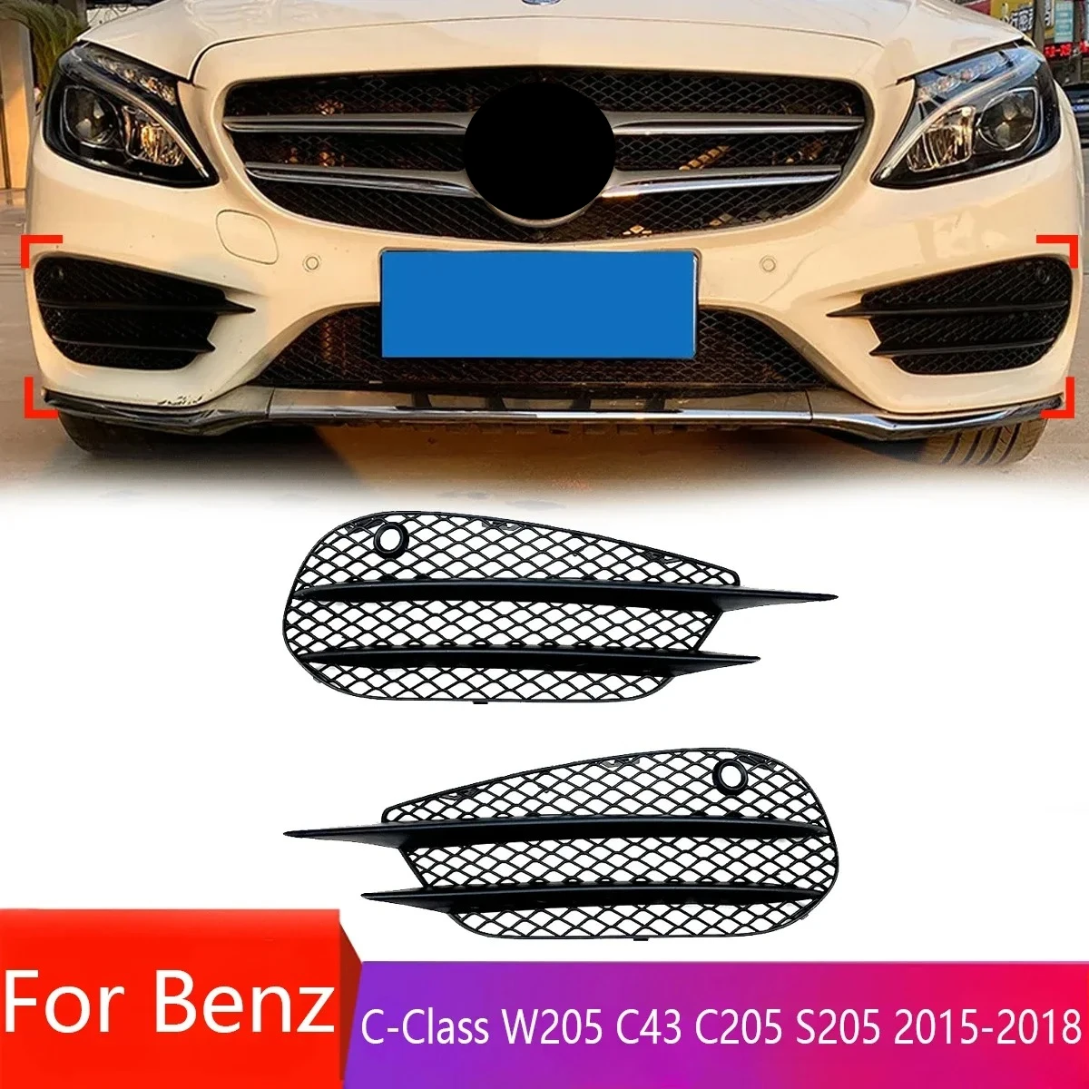 

For Mercedes-Benz C-Class W205 C43 C205 S205 AMG 2015 To 2018 Line Car Front Bumper Fog Light Lamp Grille Insert Face Bar Cover