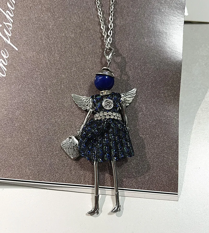 HOCOLE New Cute Doll Necklace Feather Dress Women Fashion Handmade Long Chain Girl Maxi Kids Pendant Necklace Statement Jewelry