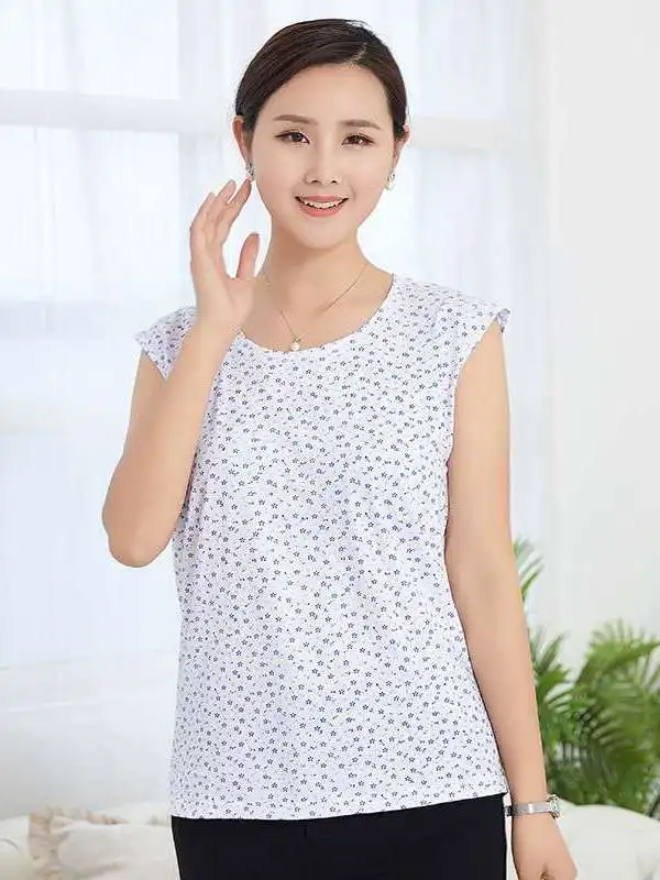 

Elegant Middle-aged And Old Women's Silk Vest Print Undershirt Long Cotton Blend Ladies Fashion Spring Season Garment