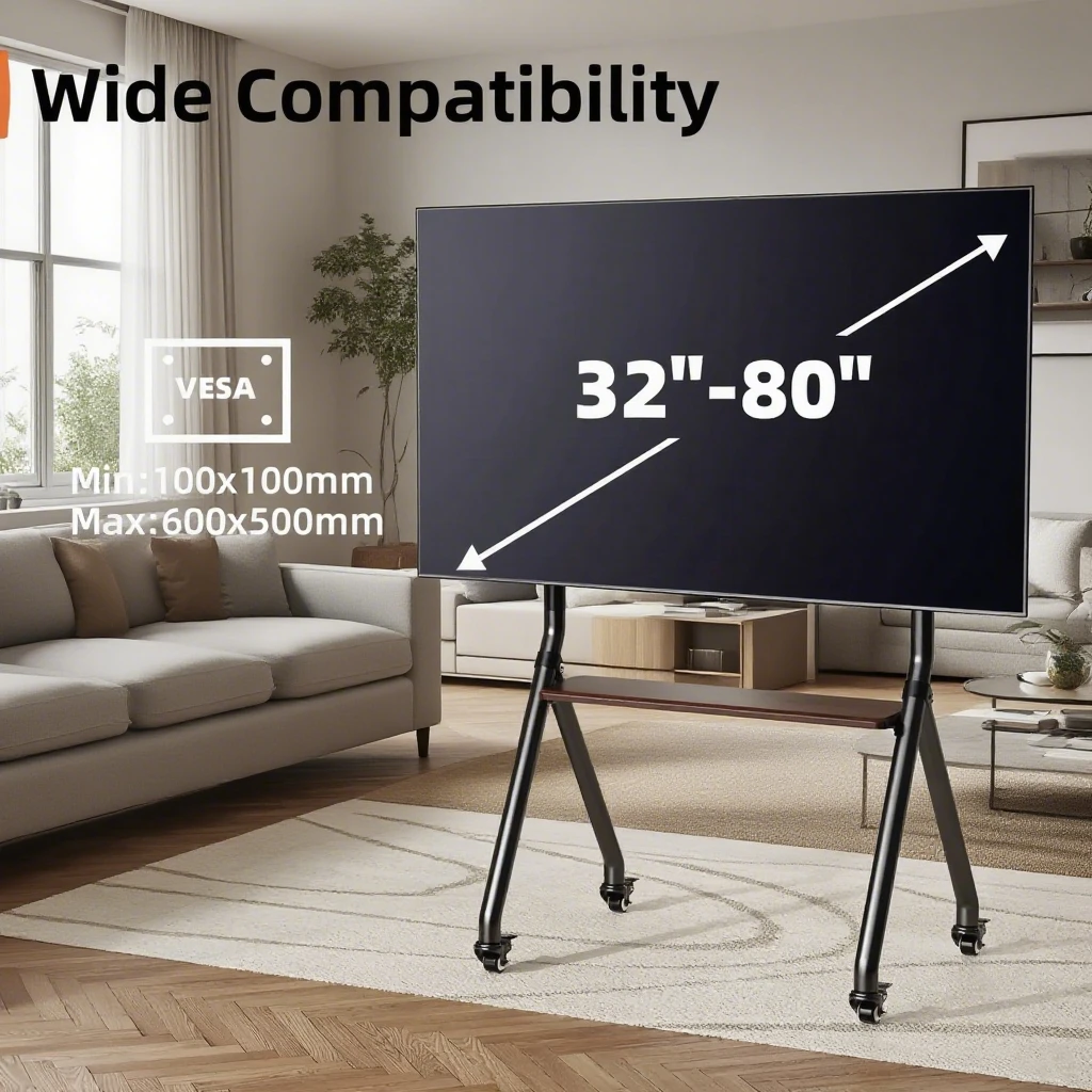 Mobile TV Cart Rolling TV Stand with Wheels,Shelf Height Adjustable Portable Floor TV Stand for 32-65 in Max VESA 600x500mm 50kg