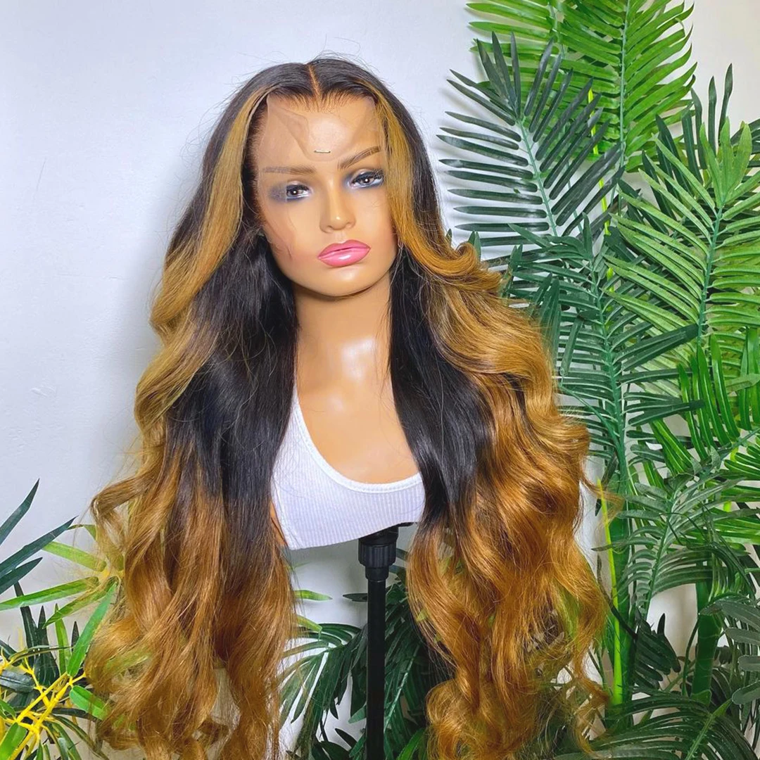 Ginger Brown Synthetic Lace Front Wigs For Women Highlight Body Wave Lace Frontal Wig Ombre Blonde/Red/Blue Cosplay No Glue Wig