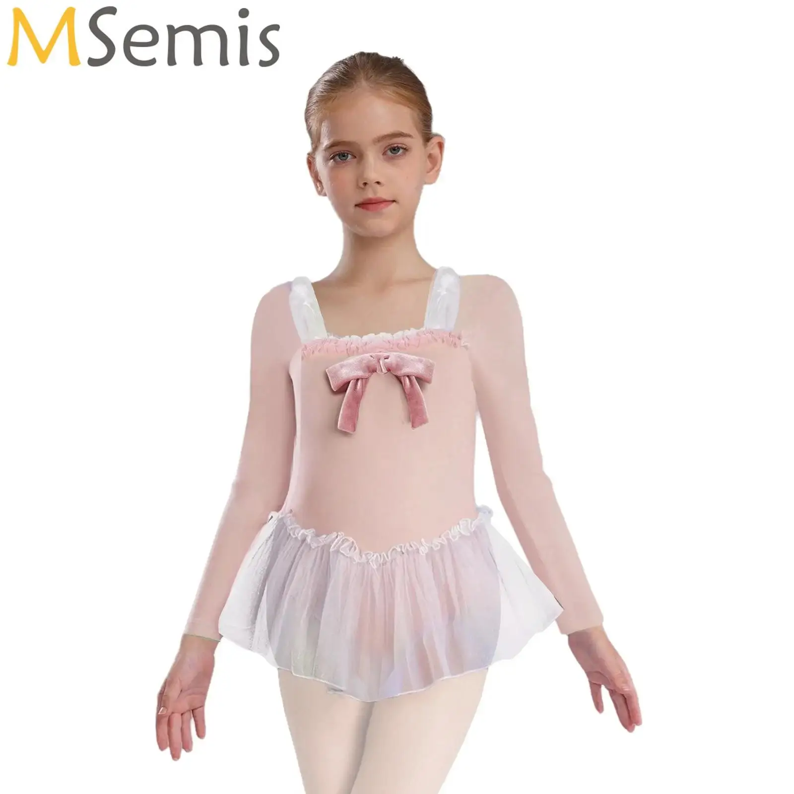 

Kids Girls Ballet Dance Dress Long Sleeve/Ruffled Sleeve Bowknot Gymnastics Leotard Tutu Skirt Ballerina Performance Dancewear
