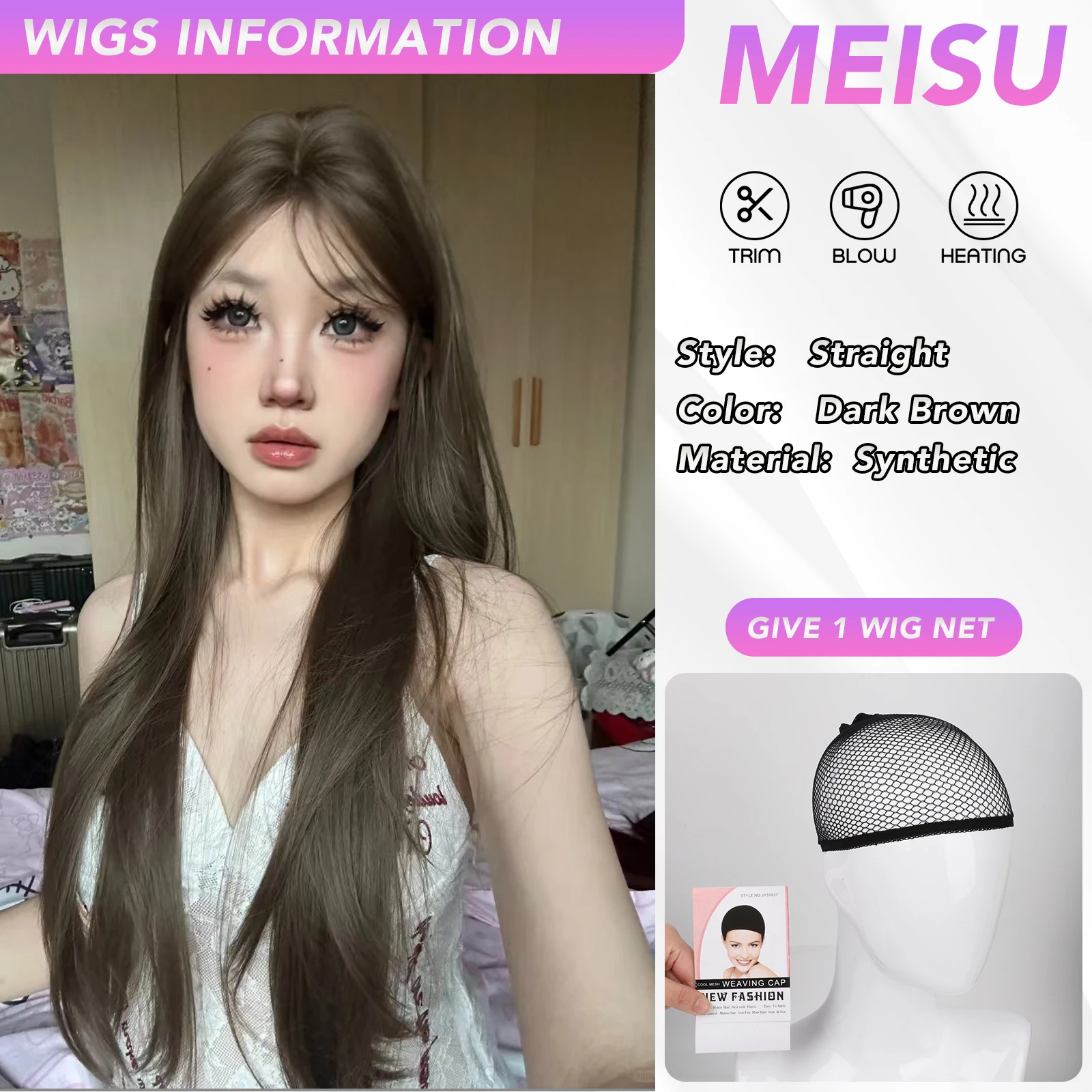 วิกผมตรงสังเคราะห์ MEISU ขนาด 26 นิ้ว สีน้ำตาลเข้มแบบมีเลเยอร์ ทนความร้อน เส้นใยผมเรียบเนียนเป็นธรรมชาติ พร้อมหน้าม้า สำหรับผู้หญิง