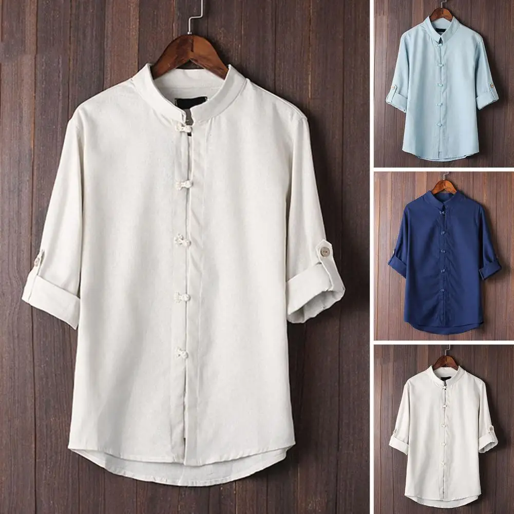 

Vintage Men Shirt Cotton Linen Chinese Style Three Quarter Sleeves Stand Collar Match Pants Single-breasted Breathable Man Top