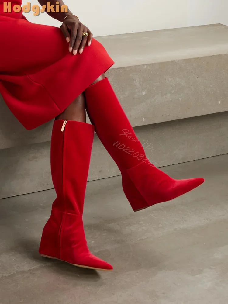 

Пикантные красные замшевые сапоги до колена, однотонные ботинки на танкетке с острым носком и боковой молнией, женская обувь, увеличивающая рост, 202, новая осенняя модная обувь