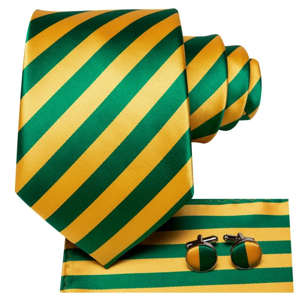 Hi-Tie Green Yellow Striped Silk Wedding Tie For Men Fashion Design Handky Cufflink Set For Men Necktie Business Party Dropship