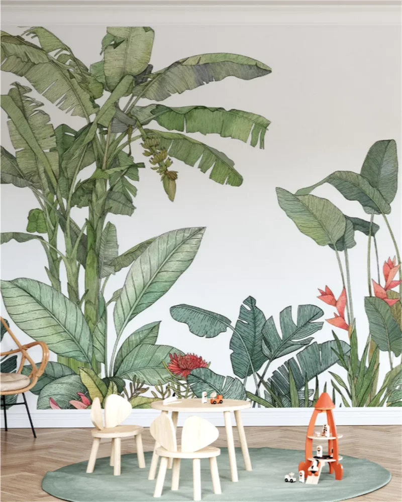 

Customized Size Wallpaper Rainforest Plants Leaves Flowers Birds Animals Forest Murals Home Decor Bananas Leaves 3d wallpaper