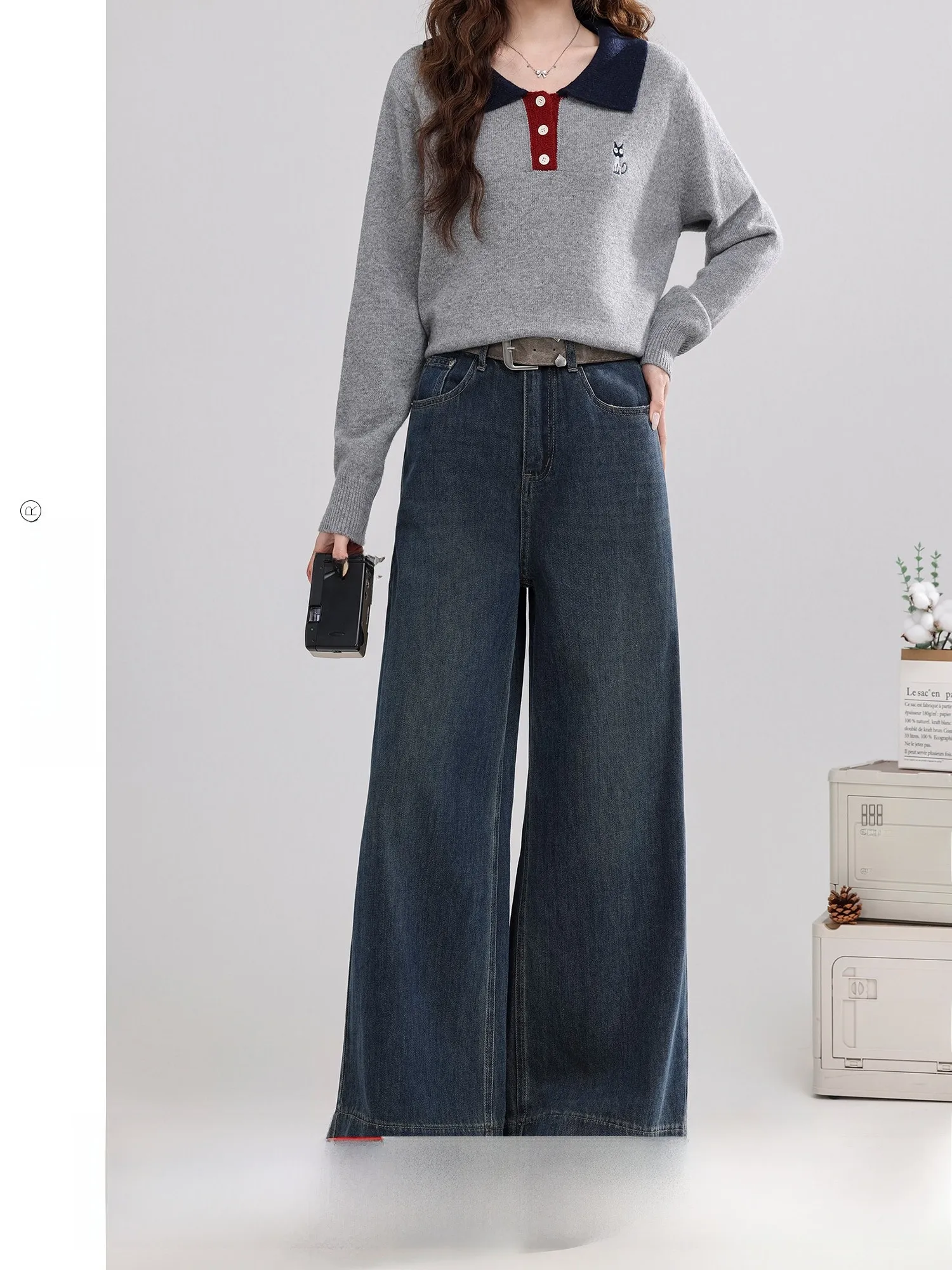 

Ретро-синие широкие джинсы из денима для женщин, повседневные, с высокой талией, длинные брюки, осень-зима, новинка, удобные хлопковые повседневные джинсы