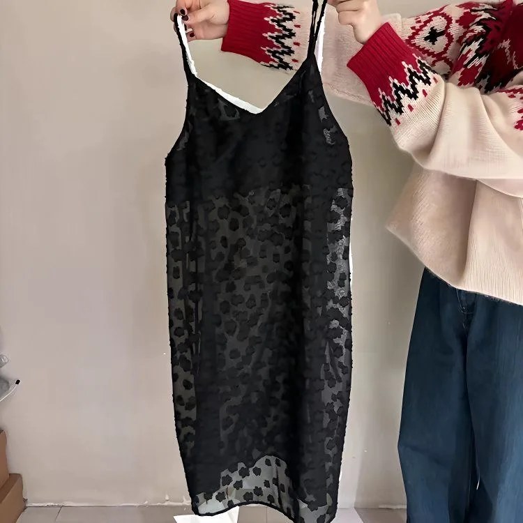 Floral jacquard preto branco chiffon deslizamento vestido primavera verão feminino com decote em v sem mangas vestido em camadas uma peça midi vestido coreano