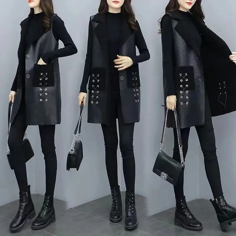 5XL Large Size Vests 2023 Autumn Winter New PU Leather Patchwork Lambwool Sleeveless Jacket Women Korean Slim Female Waistcoat