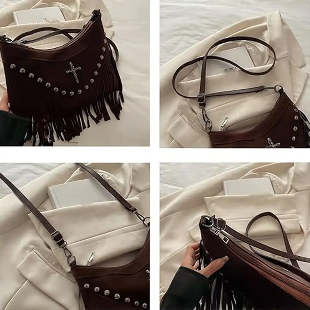 

Retro Y2K Suede Shoulder Bag Studded Fringe Cross Vintage Handbag Western Alt Large Hobo Punk Underarm Purse