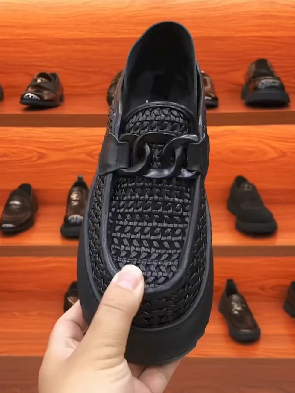 

New 55168 Men's Pure Leather Woven Mesh Slip-On Casual Shoes High-End Sensation Elegant Lightweight Cool Fashionable Youth Trend