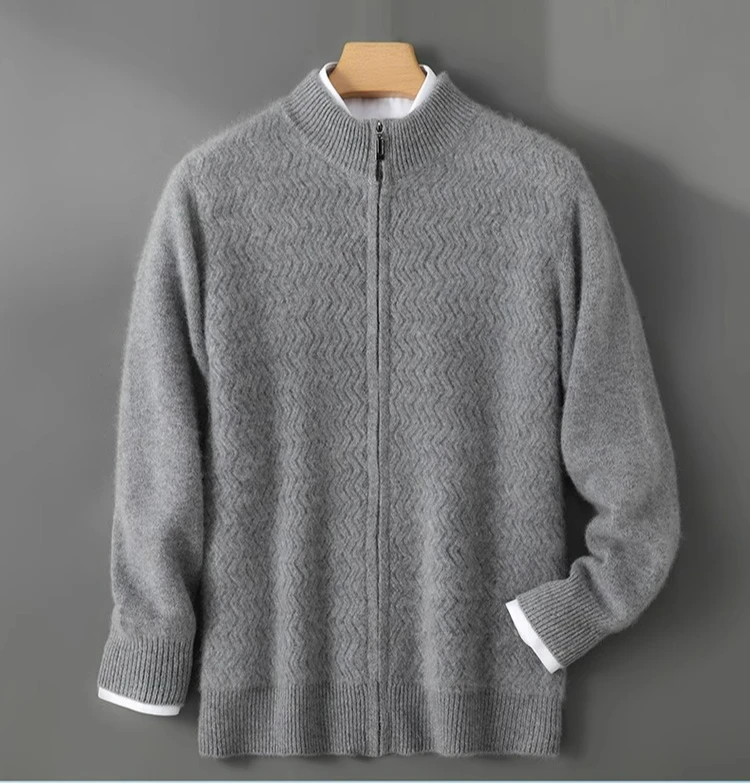 

100% pure wool zipper cardigan men's loose half-height color matching sweater jacket casual business knitted cashmere top