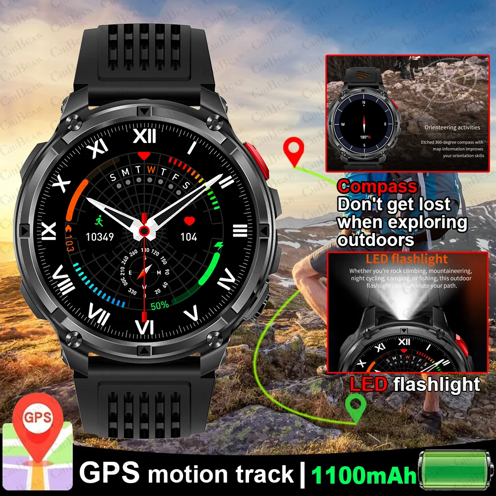 All'aperto Bussola GPS Smart Watch 1100mAh Batteria 1.7 pollici 360*360 Schermo HD 1ATM Impermeabile Chiamata Bluetooth Sport Smartwatch Uomo