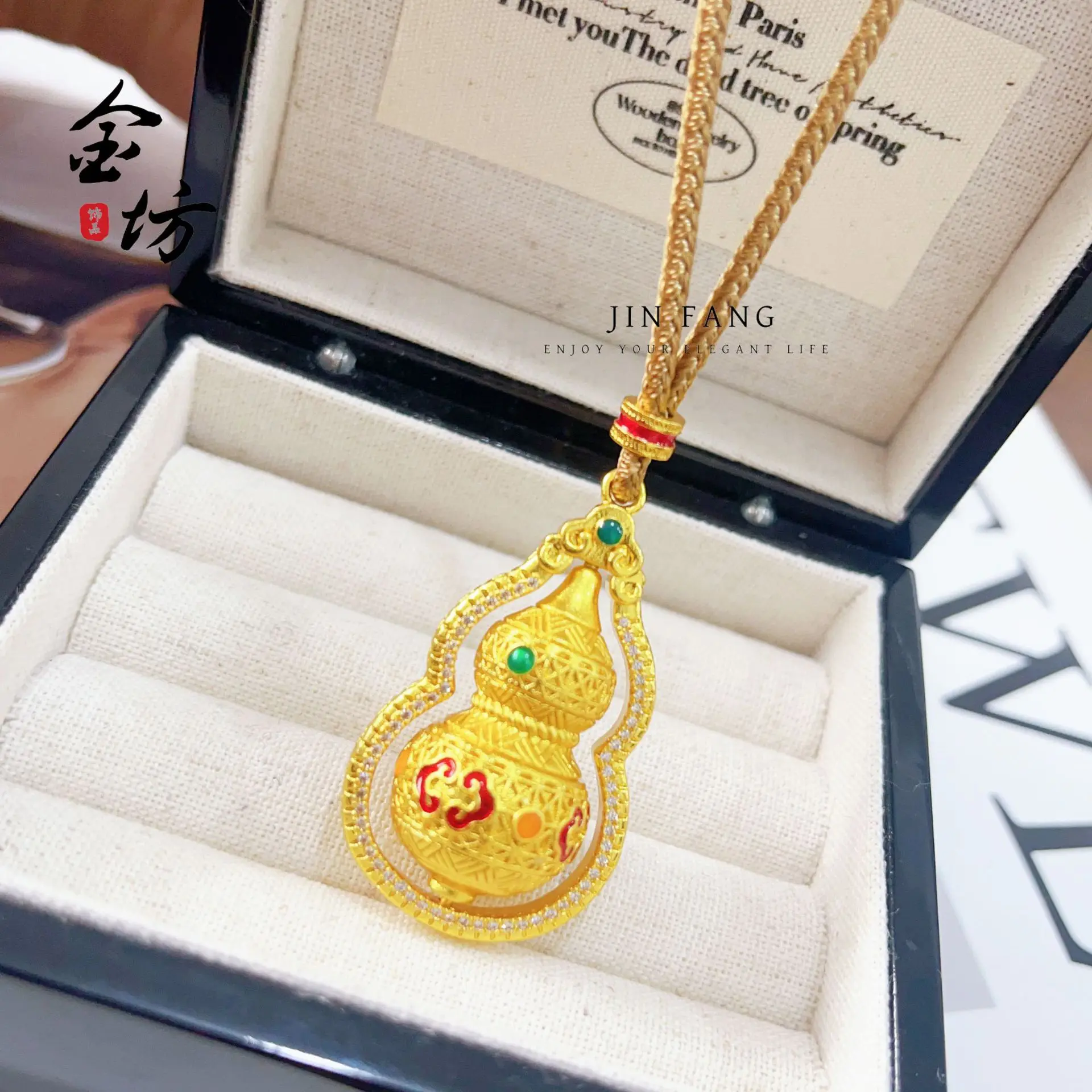 

9999 24K real gold ancient method diamond inlay enamel diamond inlay rotating hoist pendant luxury necklace sweater chain