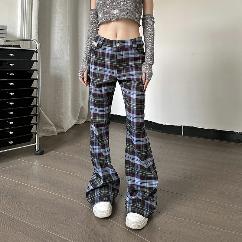 Lygens Plaid Printed Slim Fashion Flare Pants High Waist Vacation Casual Streetwear Daily Basic Leggings Clohtes For Women