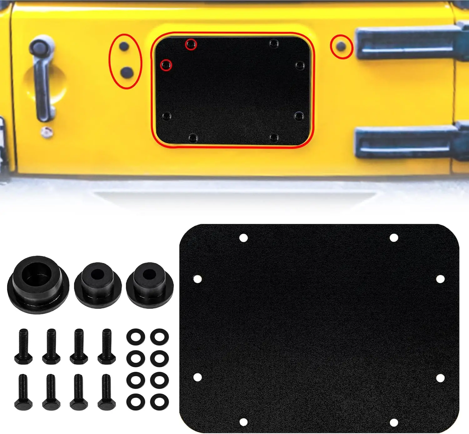 

Aluminum Spare Tire Carrier Filler Plate Cover with Durable Rubber Plugs and Bolts for Jeep Wrangler JK & JKU 2007-2018