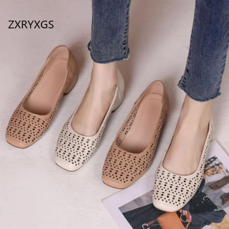 ZXRYXGS Square Toe Shallow Top Cowhide Hole Hole Shoes Woman Sandals 2025 Breathable Comfort Low Heel Sandals Shoes Size 32-43